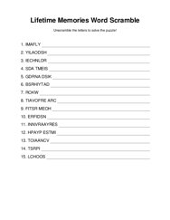 Lifetime Memories Word Scramble Puzzle