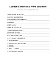 London Landmarks Word Scramble Puzzle