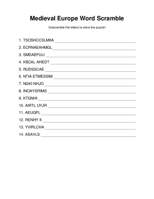 Medieval Europe Word Scramble