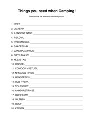 Things you need when Camping! Word Scramble Puzzle