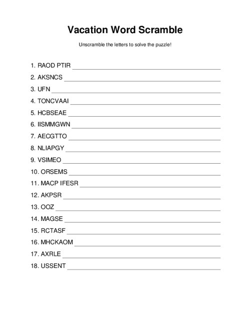 Vacation Word Scramble