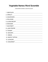 Vegetable Names Word Scramble Puzzle