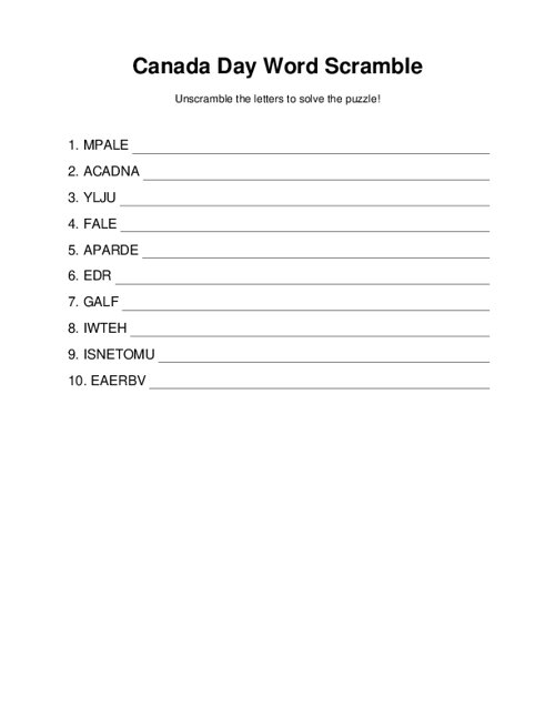 Canada Day Word Scramble