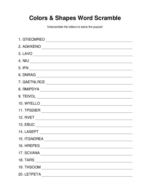 Colors & Shapes Word Scramble