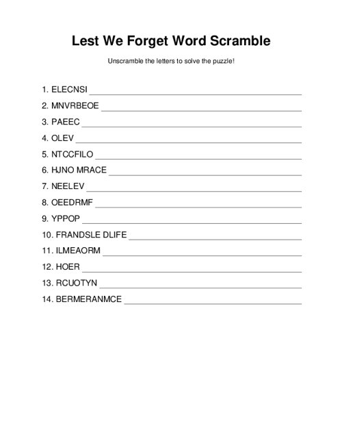 Lest We Forget! Word Scramble