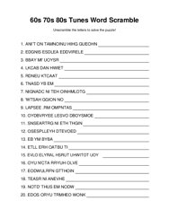 60s 70s 80s Tunes Word Scramble Puzzle