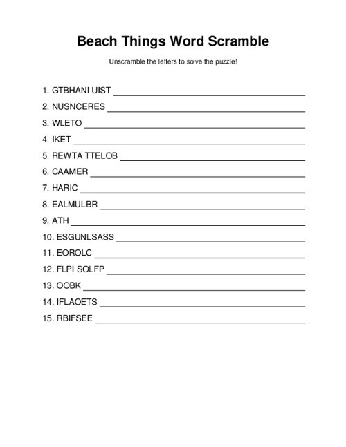 Beach Things Word Scramble