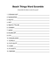 Beach Things Word Scramble