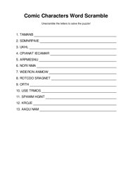 Comic Characters Word Scramble