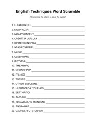 English Techniques Word Scramble Puzzle