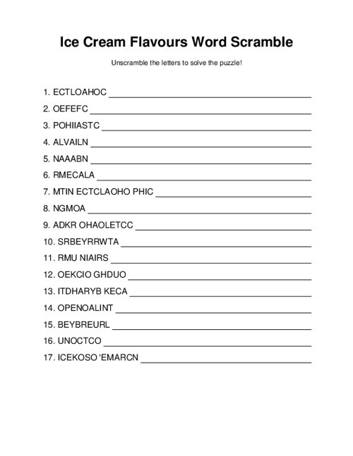 Ice Cream Flavours Word Scramble
