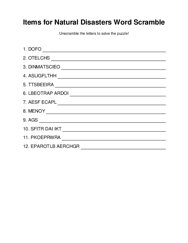 Items for Natural Disasters Word Scramble