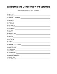 Landforms and Continents Word Scramble Puzzle