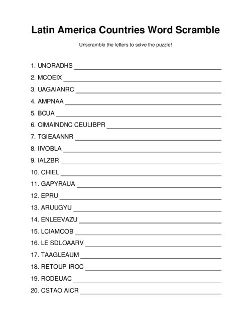 Latin America Countries (Mostly) Word Scramble