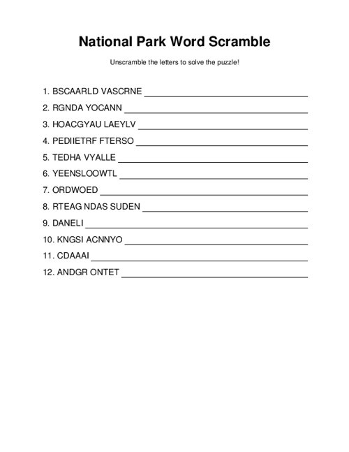 National Park Word Scramble