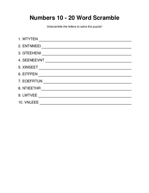 Numbers 10 - 20 Word Scramble