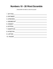 Numbers 10 - 20 Word Scramble Puzzle