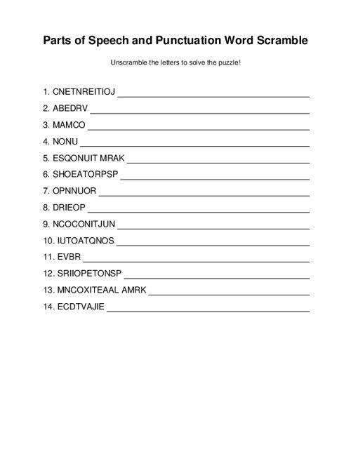 Parts of Speech and Punctuation Word Scramble
