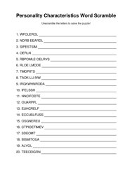 Personality Characteristics Word Scramble Puzzle
