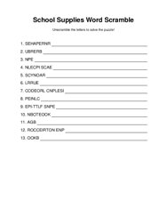 School Supplies Word Scramble