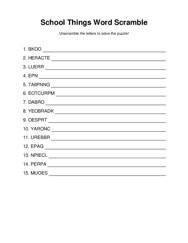 School Things Word Scramble Puzzle