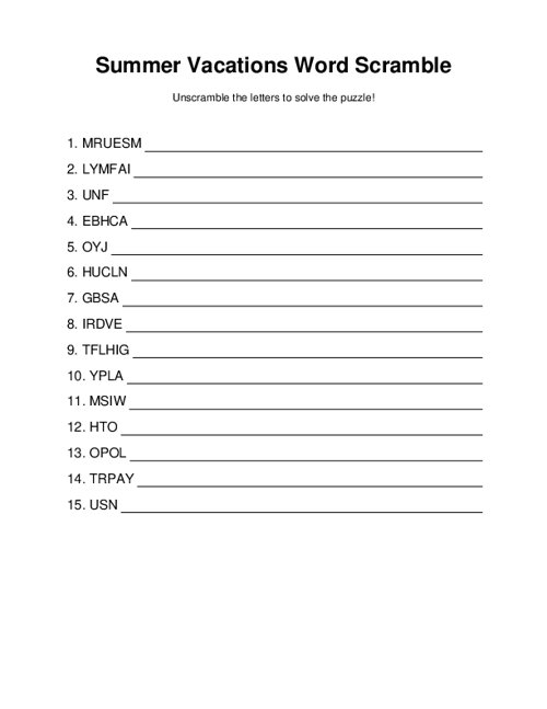 Summer Vacations Word Scramble