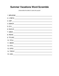 Summer Vacations Word Scramble Puzzle