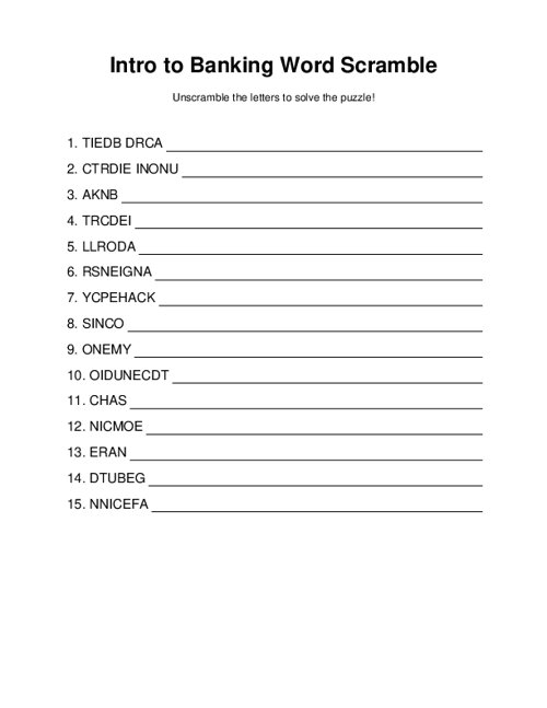 Intro to Banking Word Scramble