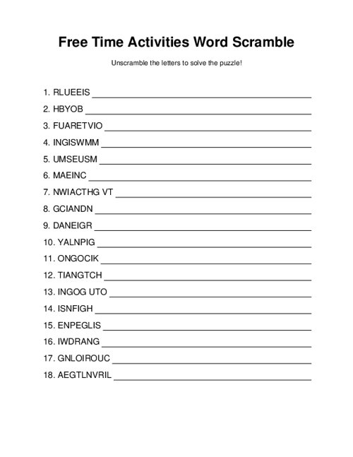 Free Time Activities Word Scramble