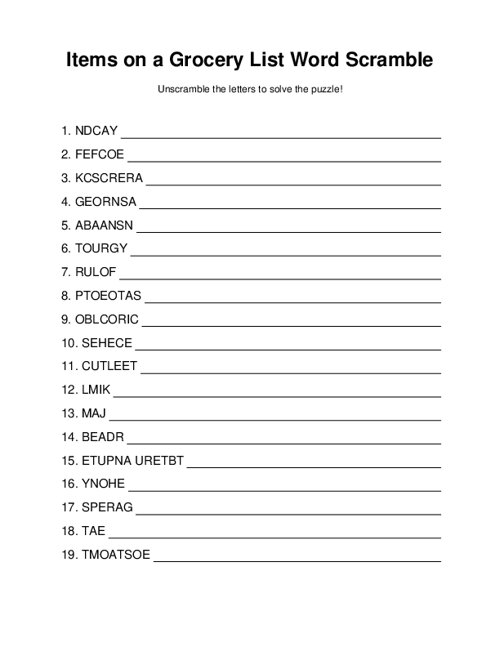Items on a Grocery List Word Scramble