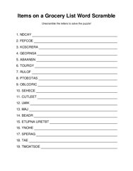 Items on a Grocery List Word Scramble Puzzle