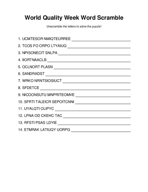 World Quality Week Word Scramble