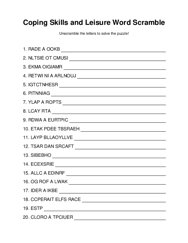 Coping Skills and Leisure Word Scramble Puzzle
