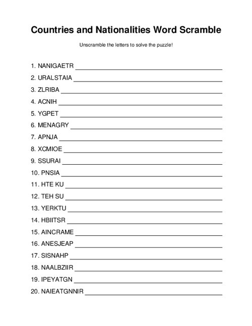 Countries and Nationalities Word Scramble