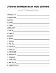 Countries and Nationalities Word Scramble Puzzle