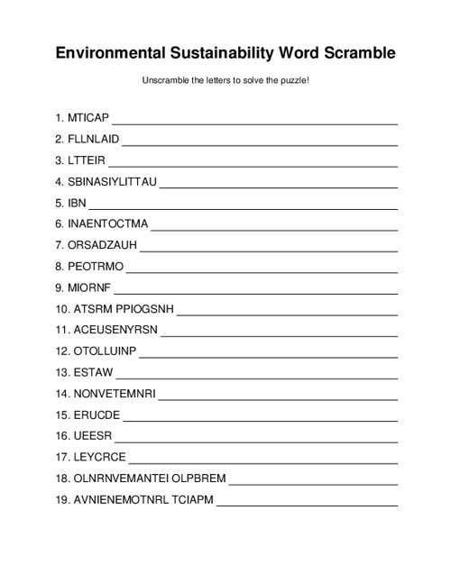 Environmental Sustainability Word Scramble