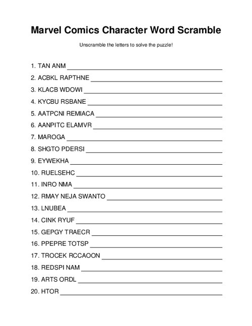 Marvel Comics Character Word Scramble