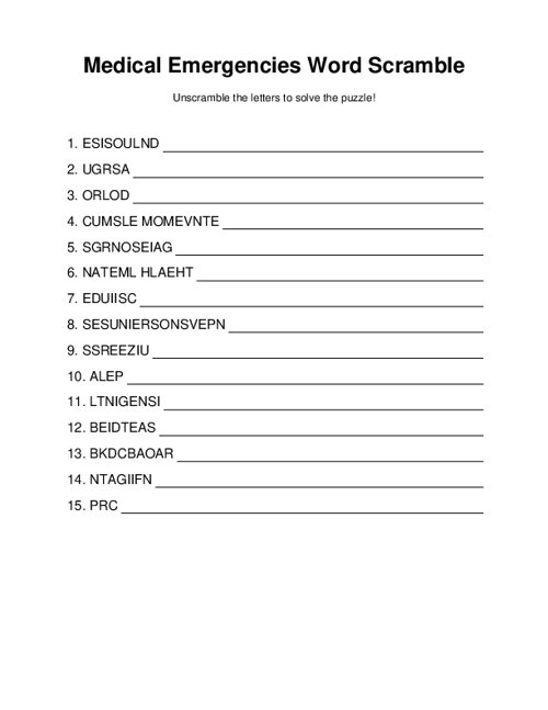 Medical Emergencies Word Scramble