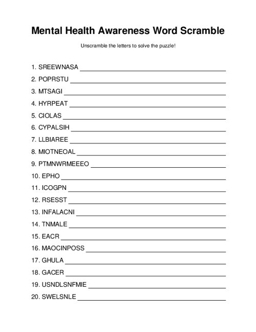 Mental Health Awareness Word Scramble