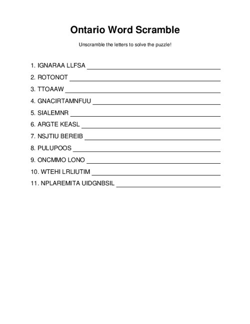 Ontario Word Scramble