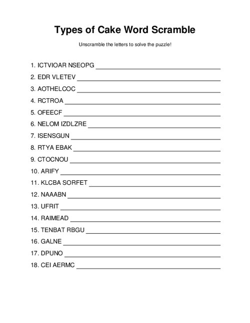 Types of Cake Word Scramble
