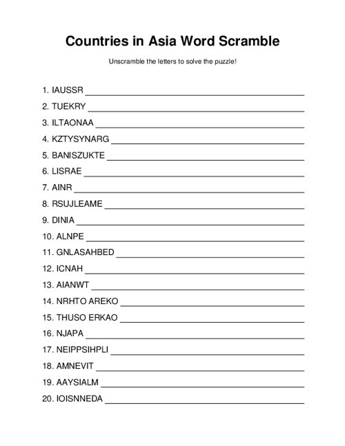 Countries in Asia Word Scramble