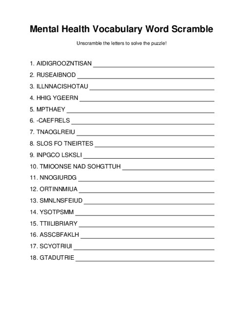 Mental Health Vocabulary Word Scramble