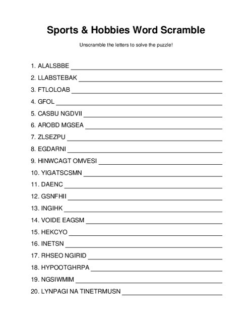 Sports & Hobbies Word Scramble