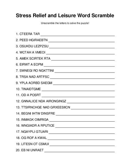 Stress Relief and Leisure Word Scramble