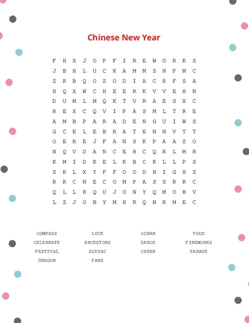 Chinese New Year Word Search Puzzle