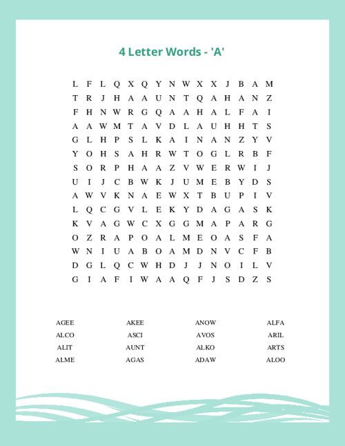 Four Letter Words Starting with A Word Search