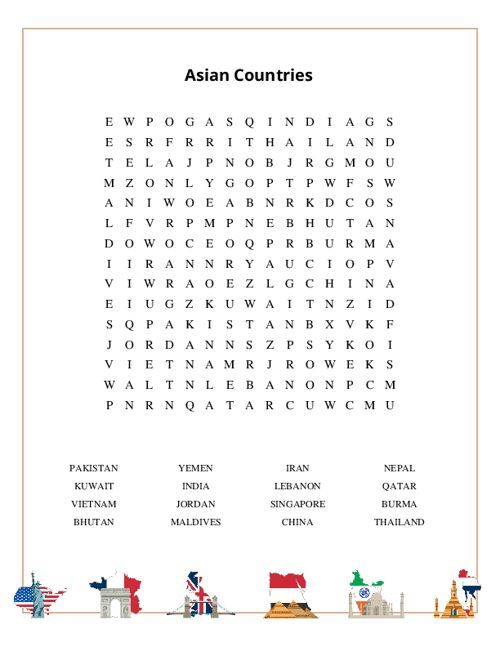 Asian Countries Word Search Puzzle