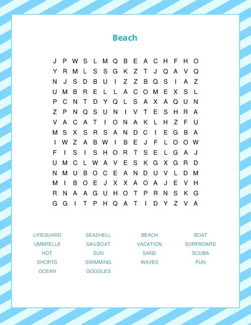 Beach Word Search Puzzle