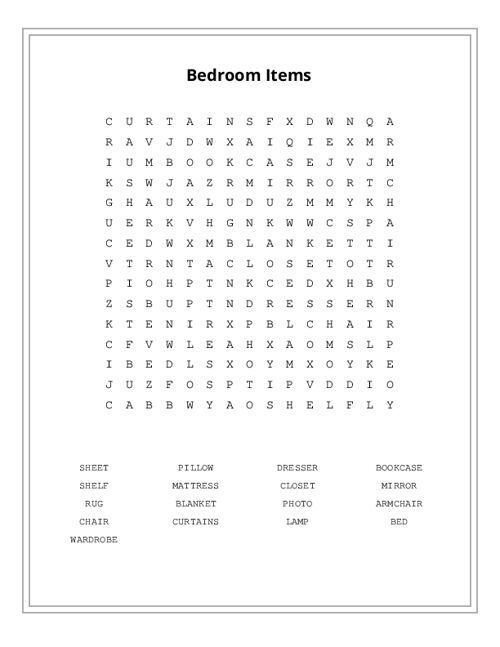 Bedroom Items Word Search Puzzle